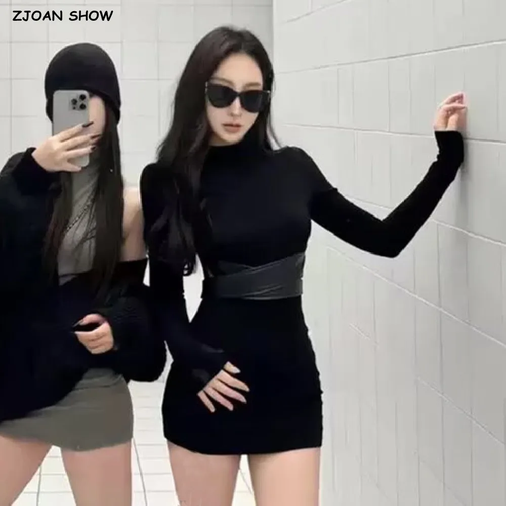 Autumn Winter Sexy Half High Collar Package Hips Long Sleeve Mini Dress Women Slim Leather Sashes Napping Bodycon Vestidos Black