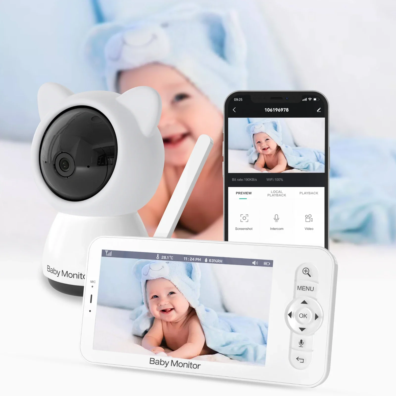 5 Inch Baby Monitor with Camera Audio Nanny Security Wireless Video Intercom Night Vision 355 ° PTZ 300m range  two-way Video