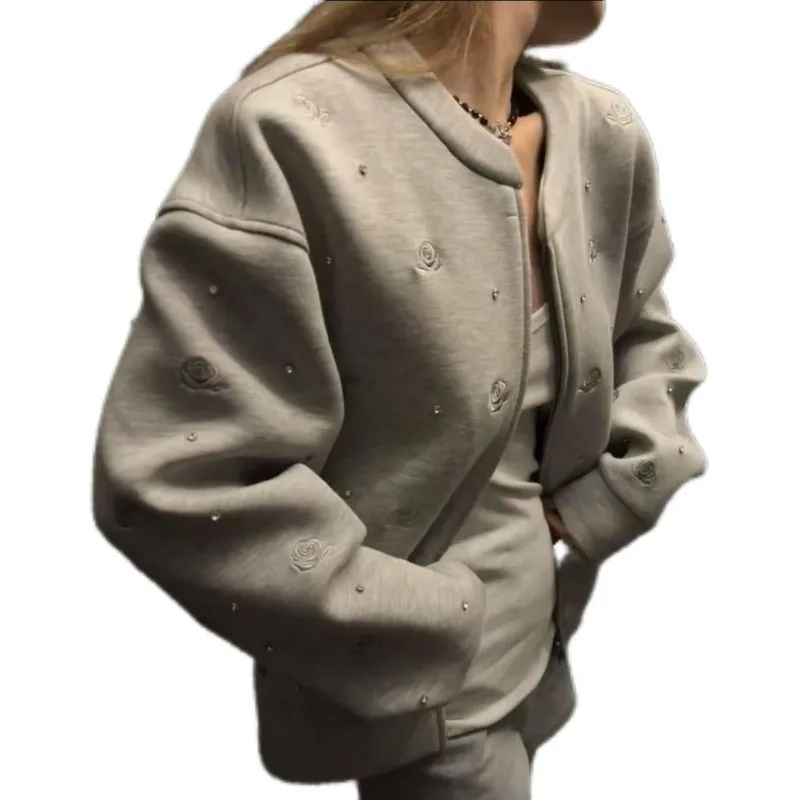 

Толстовка с вышивкой розы и бриллиантами, женская новая осенняя верхняя одежда, свободная модная повседневная универсальная куртка на молнии