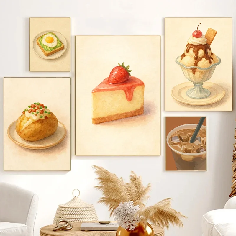 Pósteres con ilustración de comida, tarta de queso y fresa, helado de vainilla, tostado de aguacate, impresión en lienzo, imagen artística de pared para decoración del hogar