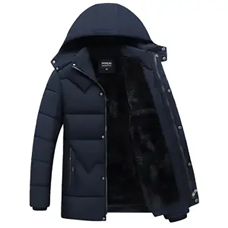 2023 New Winter Thicken Warm Men Cotton Coat Solid Color Mid-Long Overcoat Detachable Hat Zipper Outerwear