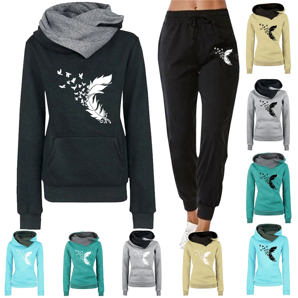 Women Feather Print Clothing New in Hoodies and Blouses Women\'s Hoodie Sweatpants Trousers Sets for Women 2 Pieces Pant Sets