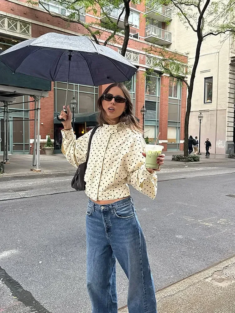 Women's Polka Dot Print Casual Jacket Slim Fit High Neck Long Sleeve Short Coat Fashion Streetwear Ladies Autumn Windbreaker