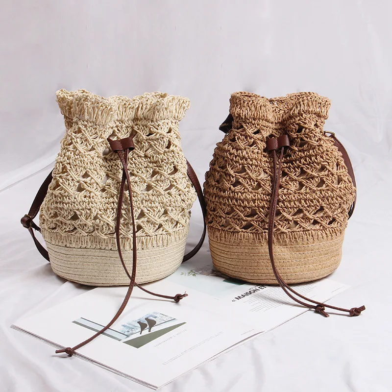 

Straw Braided Bag Hollowed Out Flowers Handmade Newspaper Woven Bag One Shoulder Portable Fairy Holiday Beach Bag Storage Basket