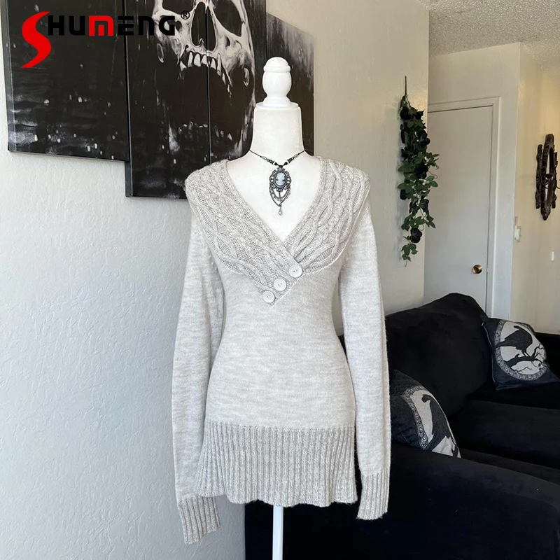 

Original Japanese Style Grey Sweater Women's Slim Fit Casual Long-sleeved Knitwear Top Lady V-neck Knitted Pullovers Autumn