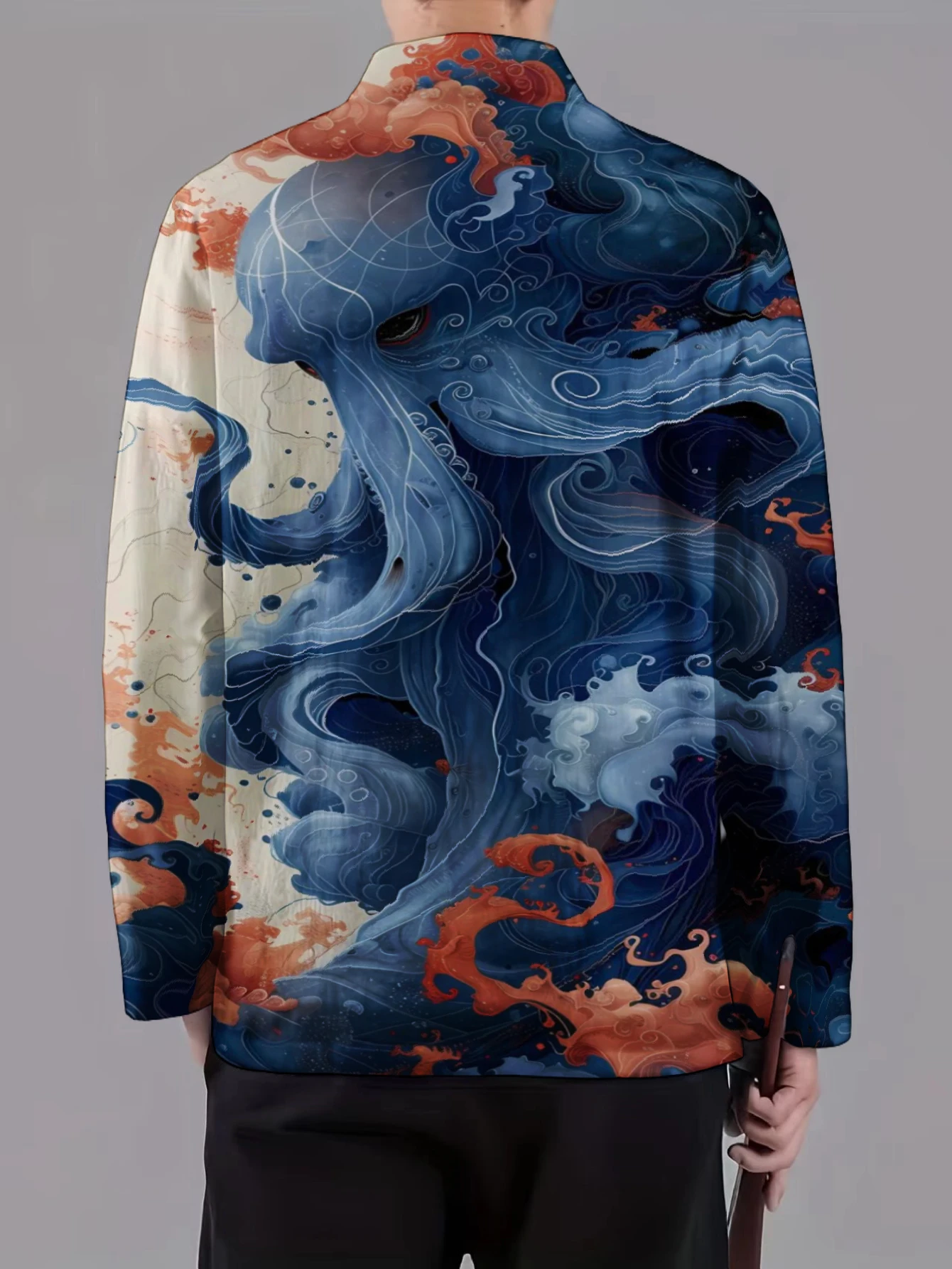 Men Chinese Style Tang Suit Jacket Mandarin Collar Frog Button Ocean Wave Print Long Sleeve Fashion Street Outerwear For Male