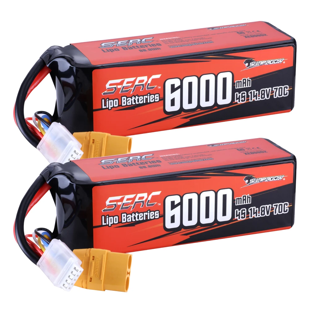 Sunpadow 6000mAh 4S Lipo Battery for 70C 14.8V with XT90 Plug Connector For RC Car Truck Tank Truggy Vehicle Buggy Hobby 2 Packs