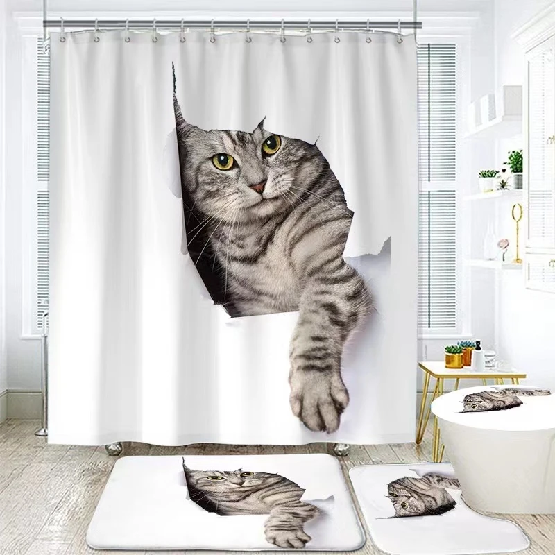 Imagem -04 - Adorável Gatos e Cães Animais 3d Impressão à Prova D3d Água Cortina de Chuveiro com Tapete Toalete Capa Banho Conjunto Cortina do Banheiro Decoração