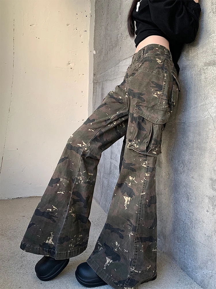 Women Camouflage Flare Jeans Gyaru Japanese Harajuku Y2K Low Rise Denim Cargo Pants Bell-Bottom Trousers Kpop Shoujo Punk Tide