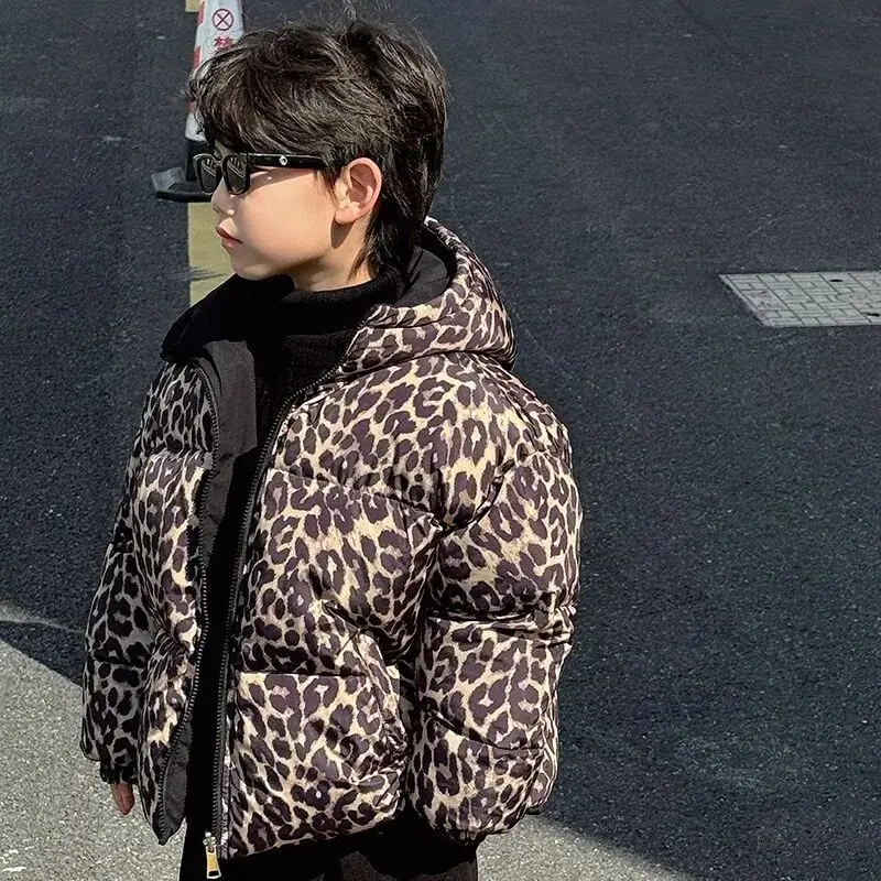 

90-150cm Boys' Cotton Jacket Autumn/Winter Girl Parka New Handsome Children's Leopard Pattern Thickened Cotton Coat