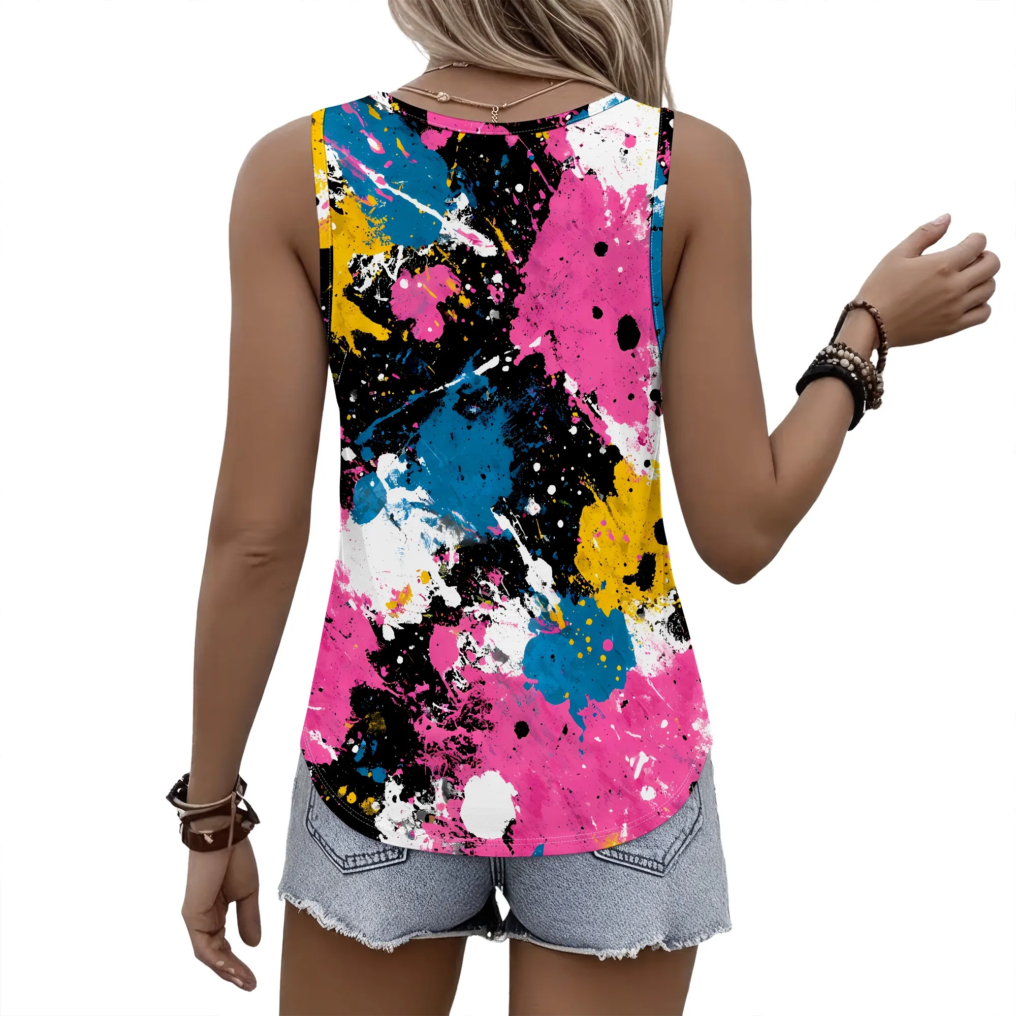Vibrant Splatter Paint Print Tank Top, Colorful Abstract Art Sleeveless Shirt, Casual Summer Blouse for Women, S-2XL