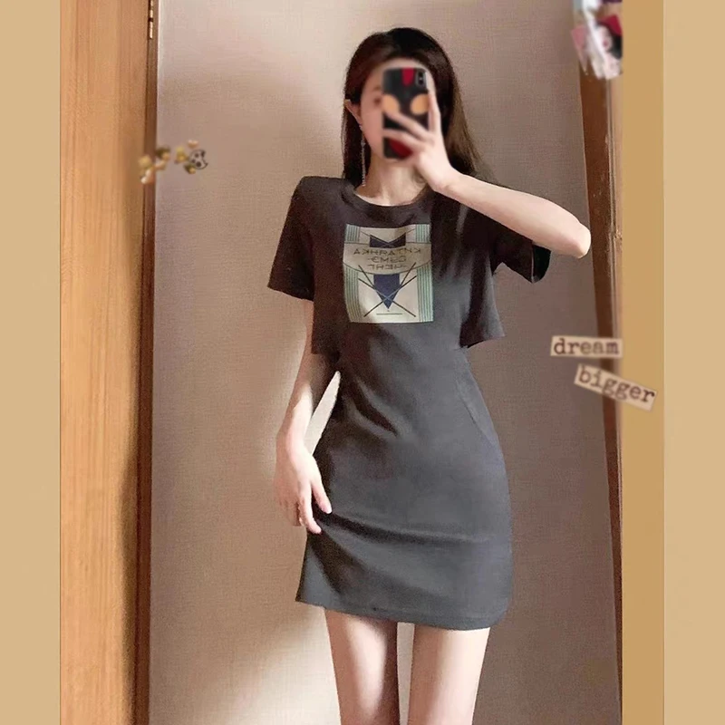 Summer Women Fake Two-Piece Slim Fit Dress Short A line Dress Printed Short-sleeved O-neck Casual Fashion Female Clothes