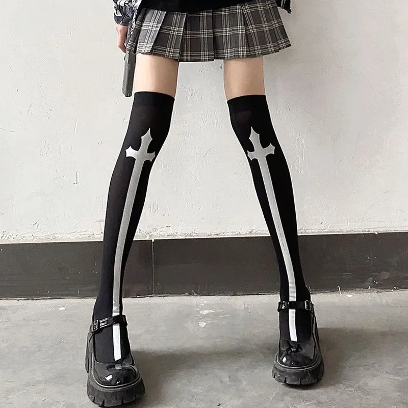 

Japanese Harajuku Long Socks Festival Party Cross Cosplay Black Stockings Dark Gothic Y2K Knee Thigh Socks for Women's Skirts