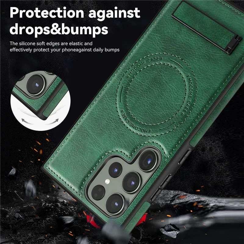 Luxury Leather Phone Magsafe Case For Samsung Galaxy S25 S24 Ultra S22 S23 Magnetic Wireless Back Cover Kickstand Holder Stand