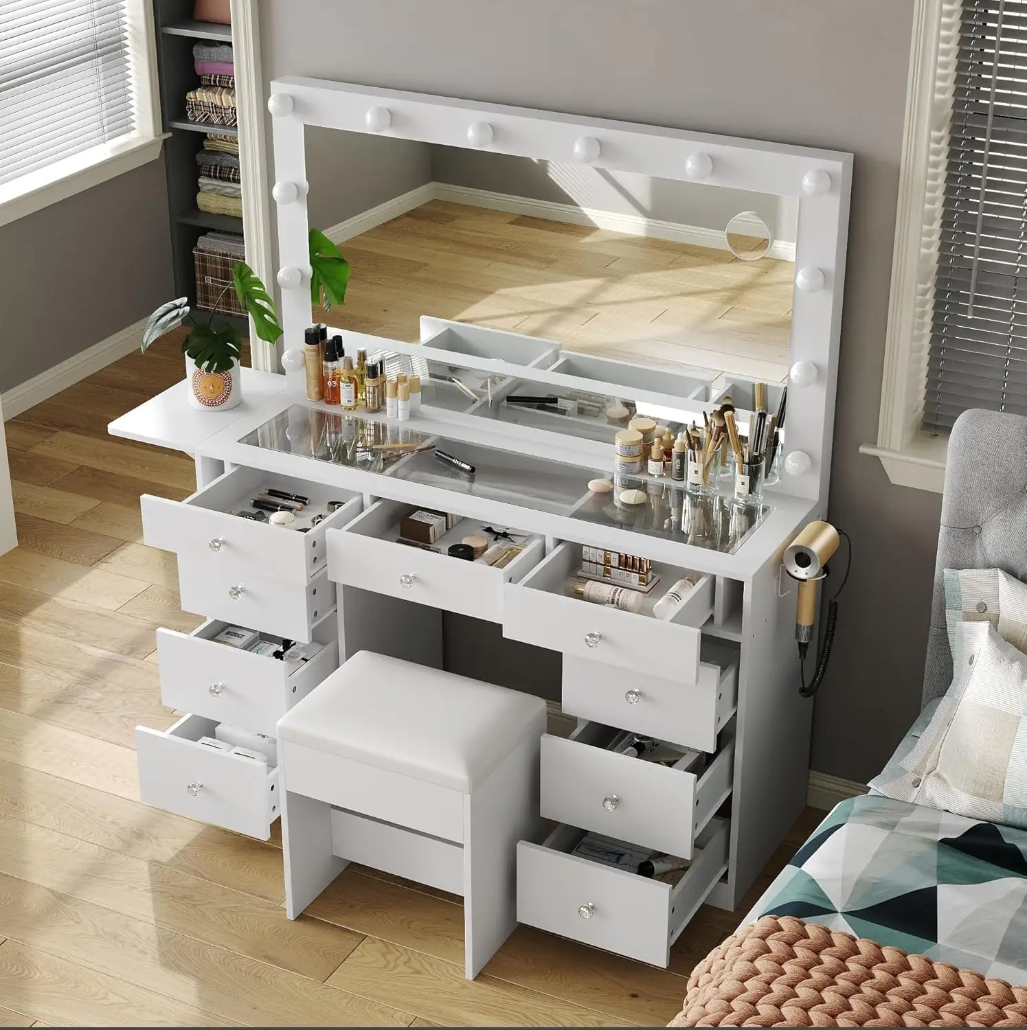 Vanity Desk with Power Outlet, 9 Drawers Makeup Vanity with Mirror and 12 LED Lights, 3 Lighting Modes, Glass Top Vanity Set image 6
