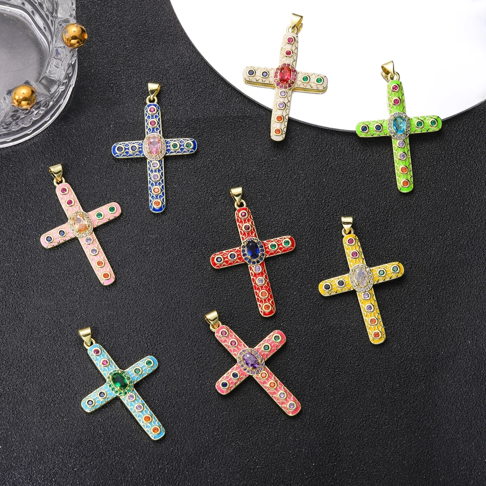 Juya 18K Real Gold Plated DIY Handicraft Enamel Christian Cross Charms Pendant For Handmade Decoration Religious Jewelry Making