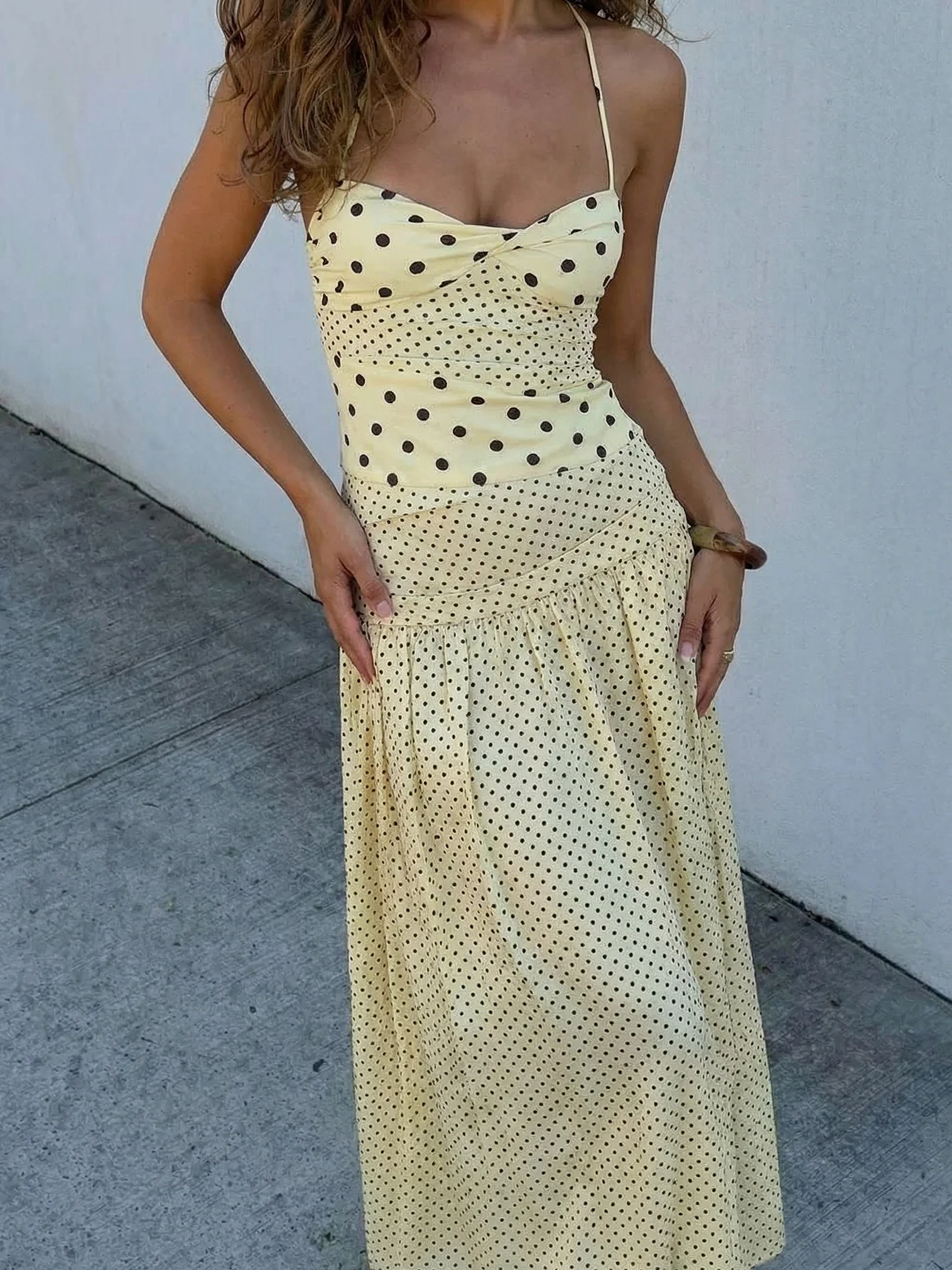 Dulzura Summer Fashion Backless Lace Up Polka Dot Slim Slip Long Dress Women'S Sexy Elegant Dress Birthday Party Vacation Outfit