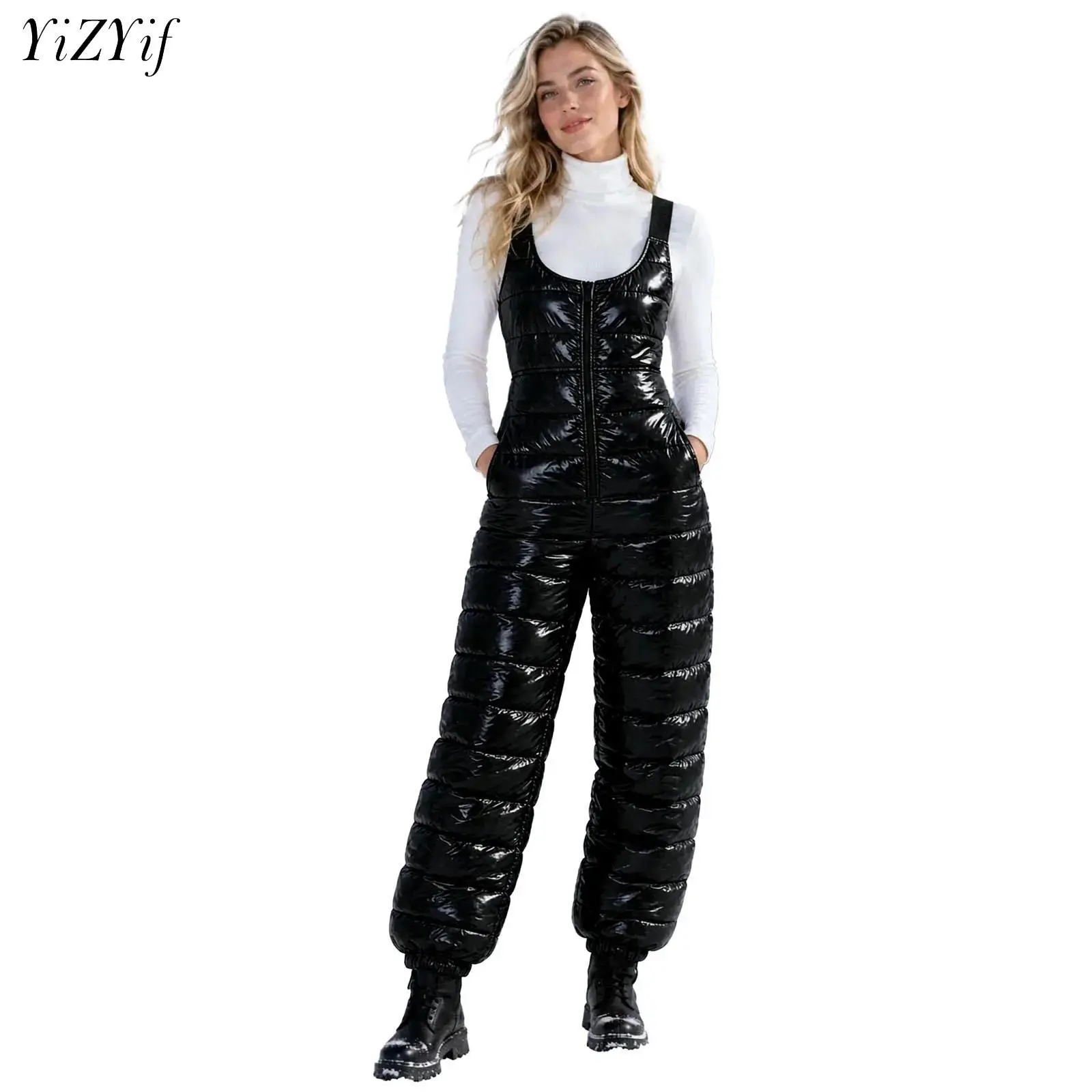 Womens Waterproof Quilted Padded Overalls Winter Sports Skiing Bibs Pants Elastic Shoulder Straps Zipper Jumpsuit with Pockets