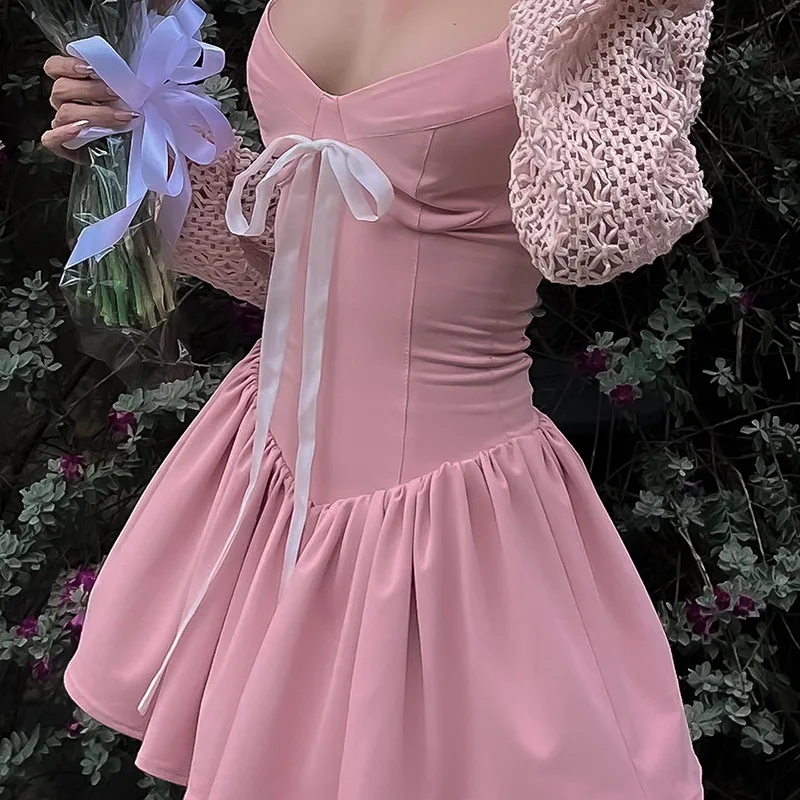 Sweet Pink Spaghetti Strap Corset Summer Dress Women Folds A-Line Bow Korean Party French Mini Dresses Y2K Coquette Chic