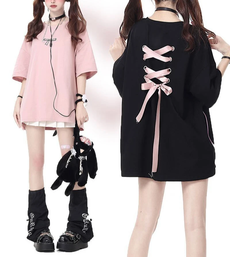 

Bow Tie Pure Cotton Short Sleeve T-shirt Women's Loose Medium Length T-shirt Top