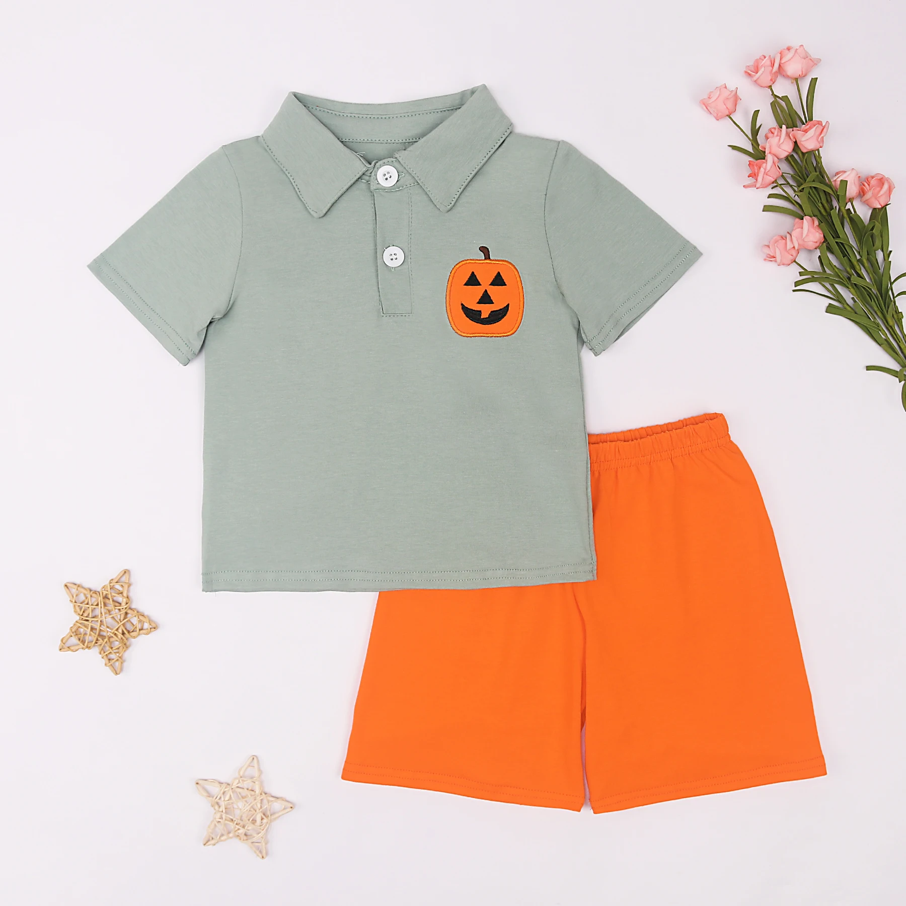 Hallowmas Ropa Summer Short Sleeve Round Neck Dress Pumpkin Embroidery Girl Grey Top T-shit And Orange Pant Romper Boy Clothes