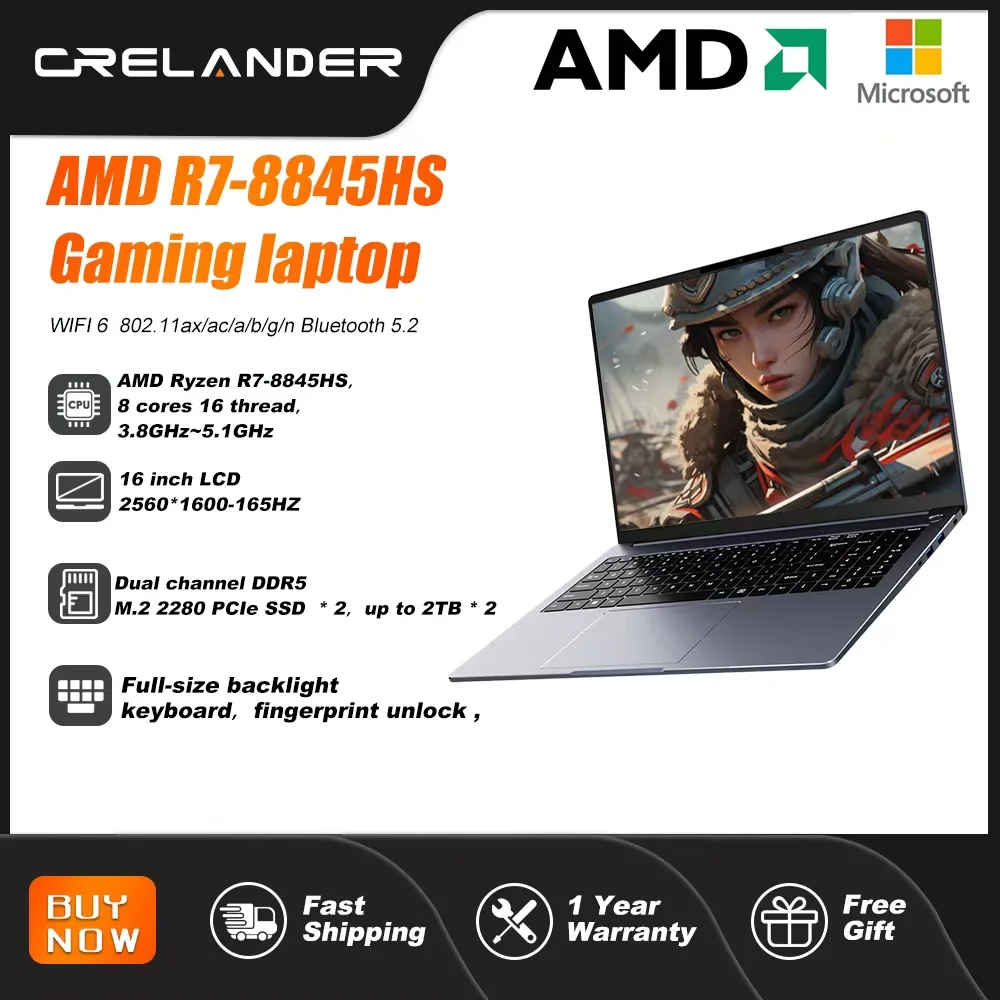 CRELANDER Laptop AMD Ryzen 8845HS Processore 12 Core 16 Filettatura 16 Pollici LCD 2560*1600-165HZ DDR5 Computer Notebook Laptop da gioco