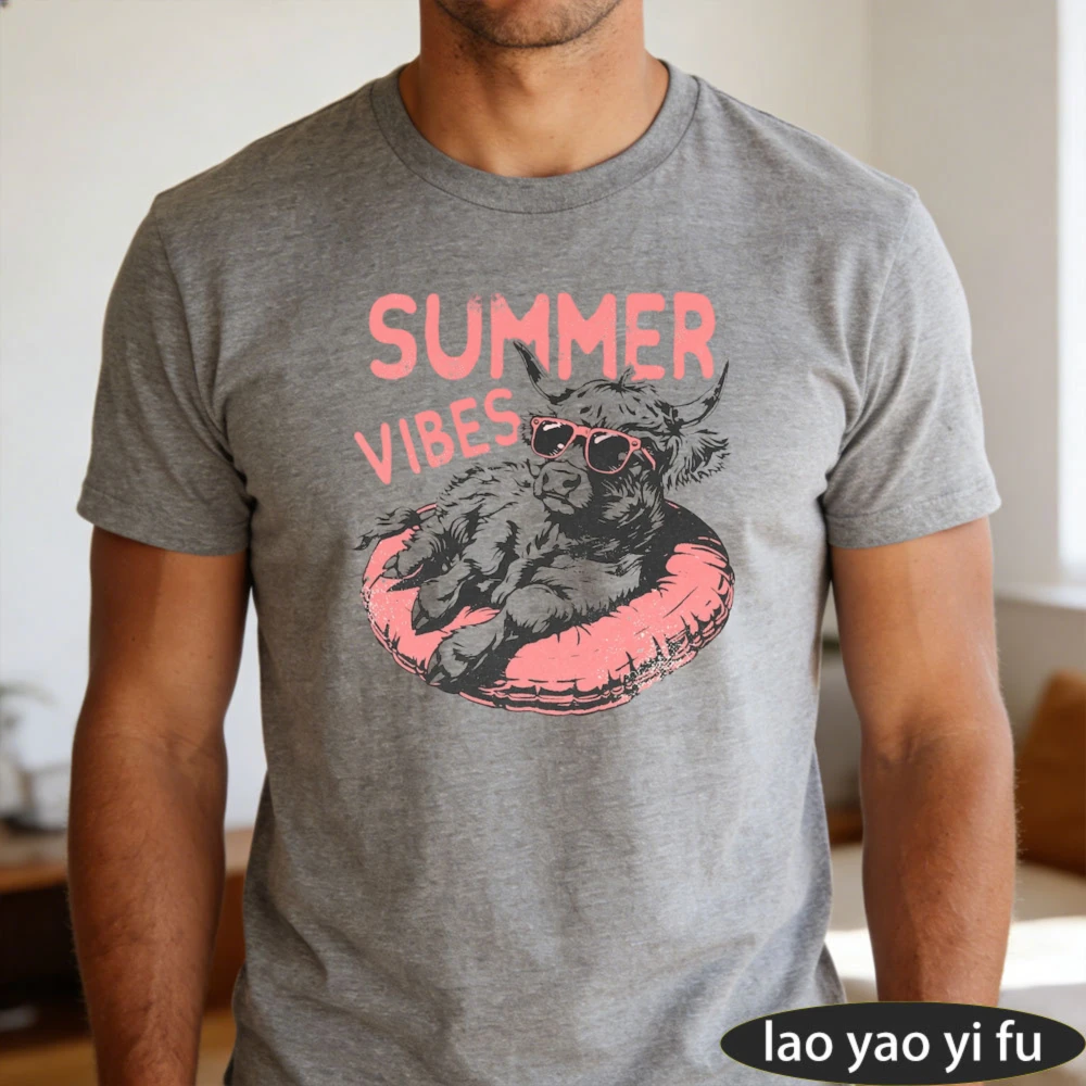 Summer Vibes Highland Cow Pink Swim Ring Men Summer Cotton T Shirt Retro Vacation Animal Graphic Short Sleeve Daily Top