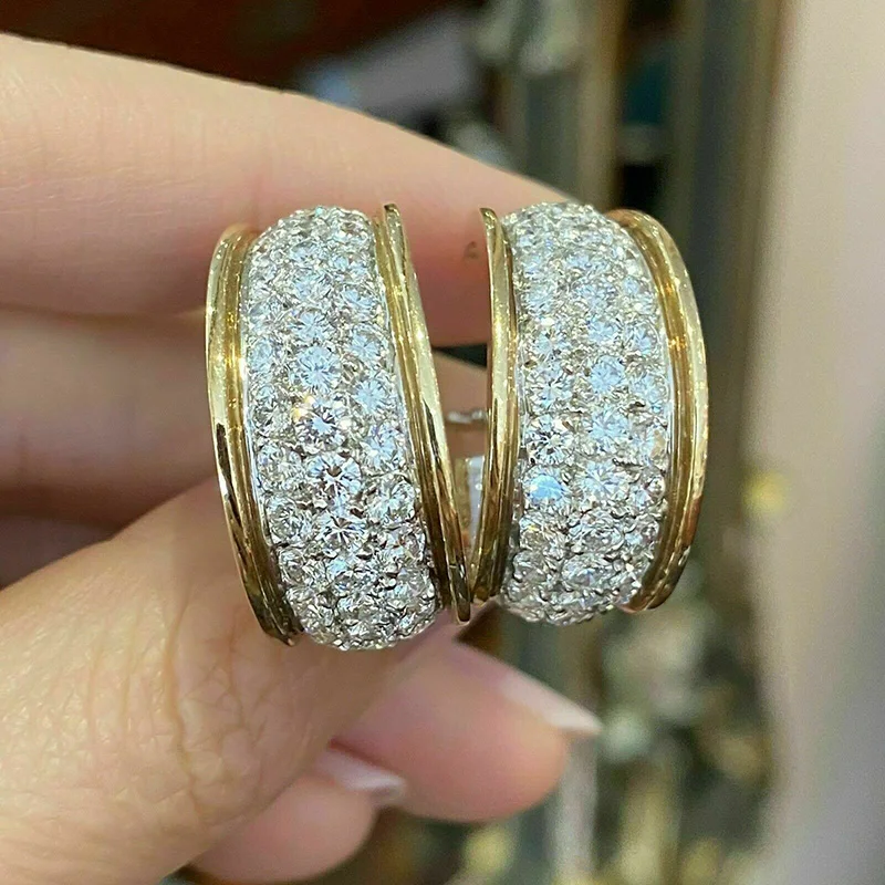 Huitan Trendy Two Tone Hoop Earrings Full Cubic Zirconia Luxury Ear Accessories for Women Daily Wear Fashion Versatile Jewelry