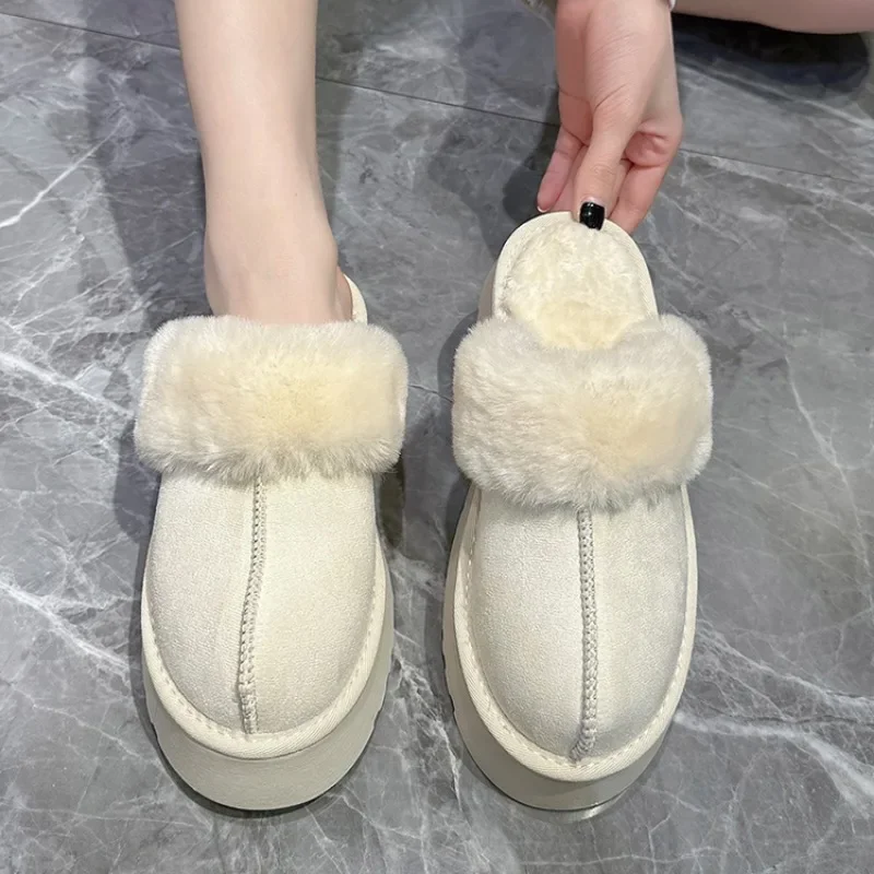 Shoes Woman 2024 Plush Slippers For Adults Low Pantofle Platform Fur Flat New Hoof Heels Cotton Fabric Rubber Rome Basic Slides