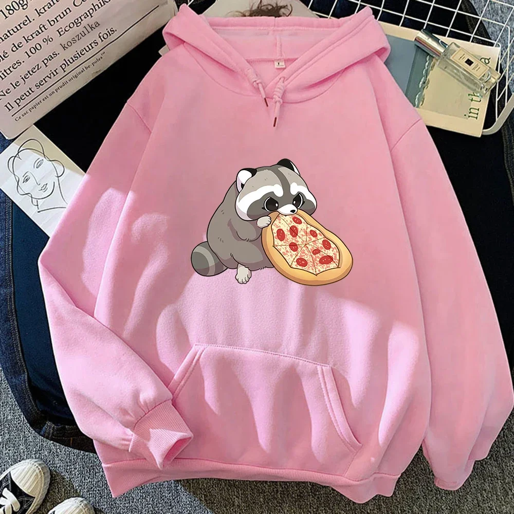 Men's and women's cartoon pizza raccoon hooded sweatshirt, cute printed hooded sweatshirt, Harajuku sweatshirt, large wool hoode