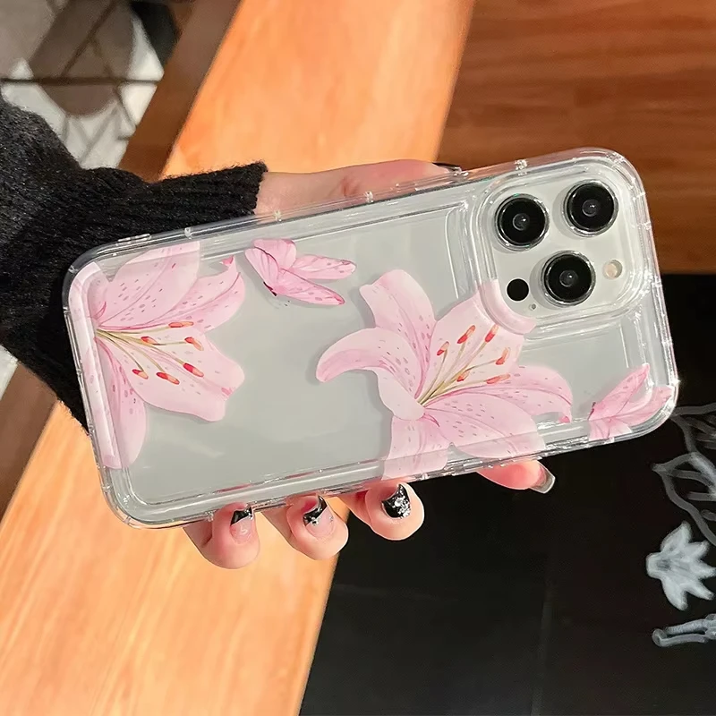 Funda Transparente Antigolpes de TPU Suave con Diseño de Flor Rosa Lirio para iPhone 17 Air 16 15 14 11 Pro Max Plus 13 12 Mini Xs
