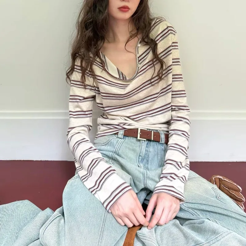 Kimotimo Vintage Striped Long Sleeve T-shirts Women Button Swing Collar Loose Contrast Color Tops Korean Fashion Y2k Casual Tees