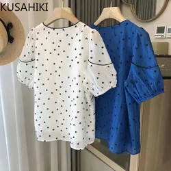 KUSAHIKI Chic Letetrs Printed Fashion Sweet Doll Shirt 2023 Spring Summer Puff Sleeve V-neck Pullover Women Blouses Camisas