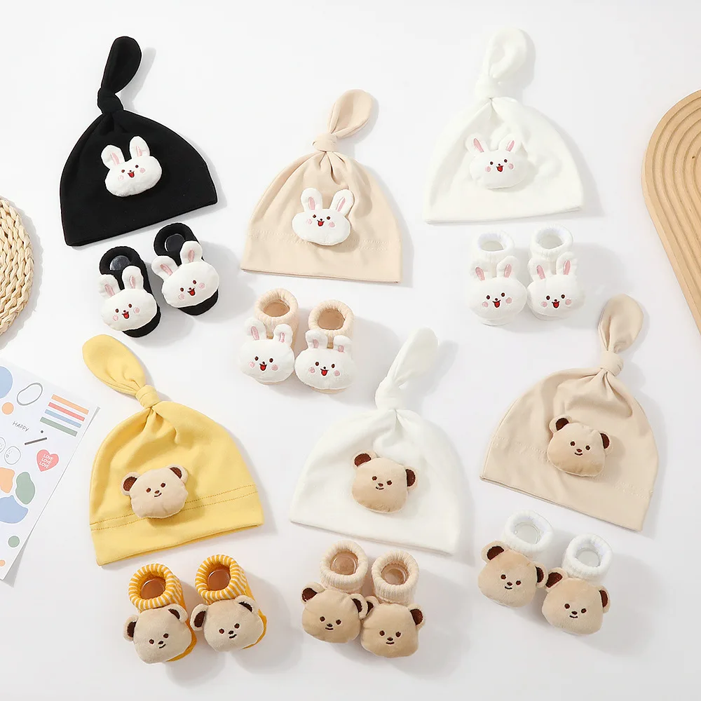 

3Pcs/set Cotton Newborn Hats Caps Knitted Socks Infant Cute Cartoon Bear Rabbit Headwraps Baby Beanies Hats 0-12 Months