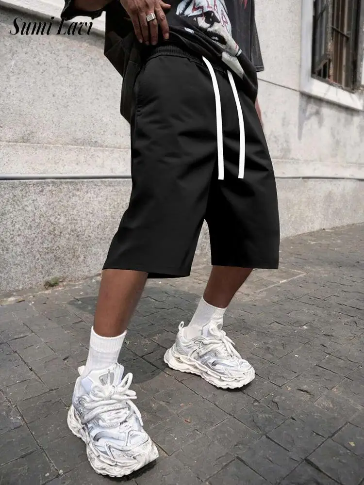 

Стильные мужские мешковатые прямые короткие брюки, летние винтажные однотонные свободные шорты на шнурке для мужчин, уличные повседневные шорты с завязками