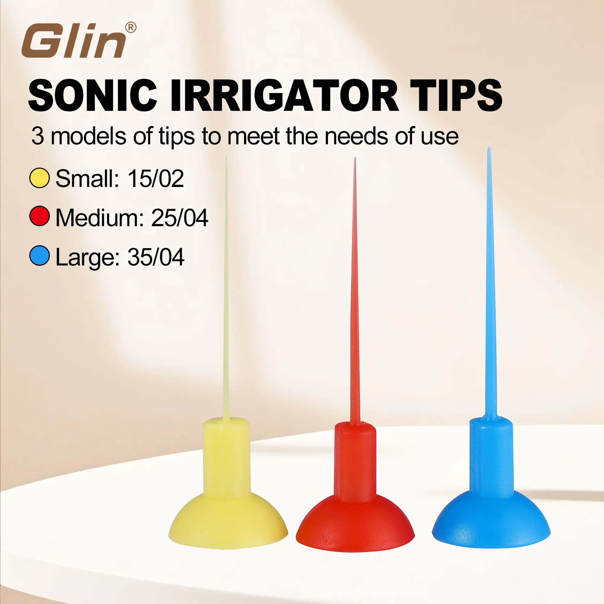 Glin 20pcs Sonic Irrigator Tips, 3 Sizes 15/02 25/04 35/04, Endodontic Root Canal Cleaning for Irrigator Colors Yellow/Blue/Red