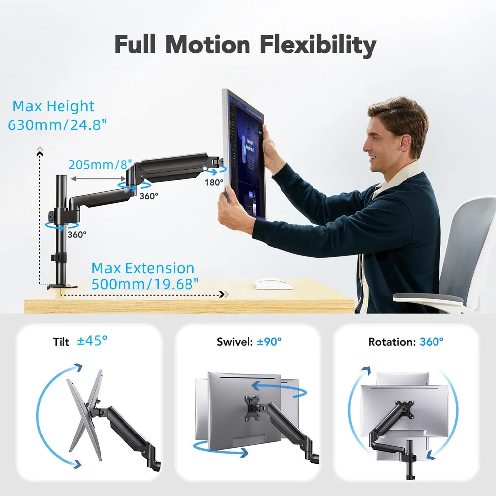 Single Monitor Arm, Monitor Stand for 13–32 inch Screens, Adjustable Monitor Mount Gas Spring Full Motion with C-Clamp & Grommet