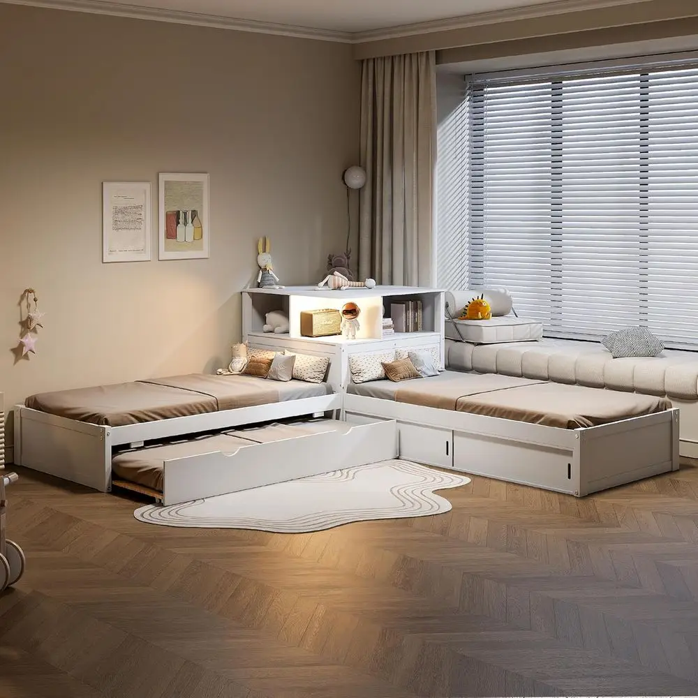 

ern Twin Size L-Shaped Platorm Bed with Storage Cabi, Desk, Trundle and LED Light, 3-in-1 Low Platorm Bed or Kids, Teens, Gts (W