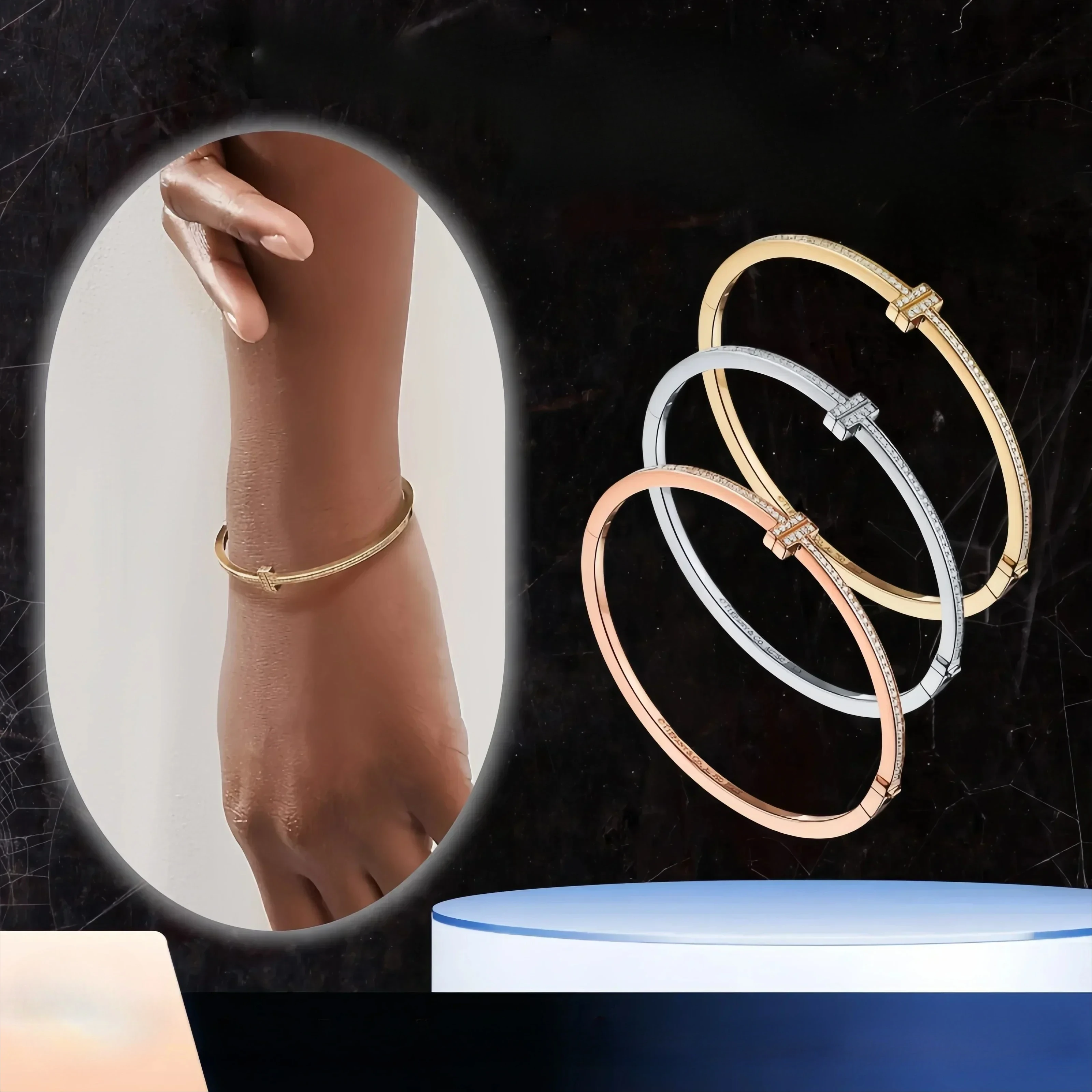 

S925 Pure Silver TF Series Women's Bracelet - T-Shaped Design, Diamond-Inlaid, Simple & Elegant