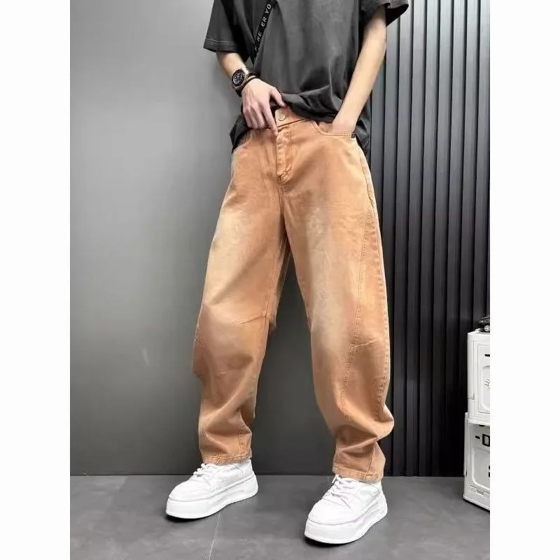 

Men's Washed Casual Loose Curved-cut Straight-leg Jeans with An Aged Look Fashionable Men's Trousers New Spring American Retro