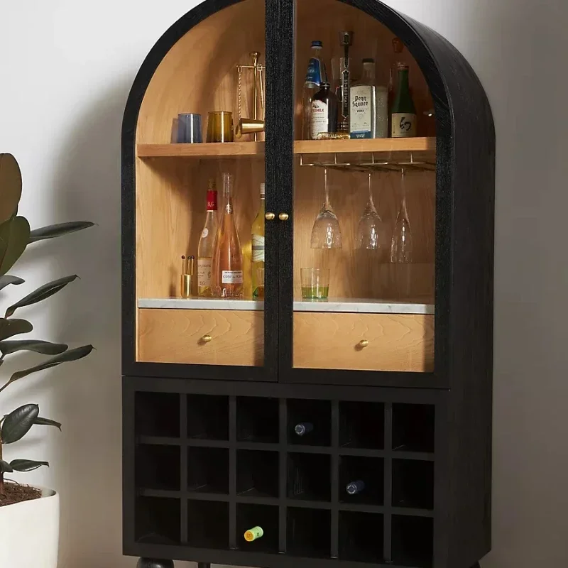 

Arched Wine Cabinet French Retro Solid Wood Side Cabinet Nordic Glass Storage Cabinet
