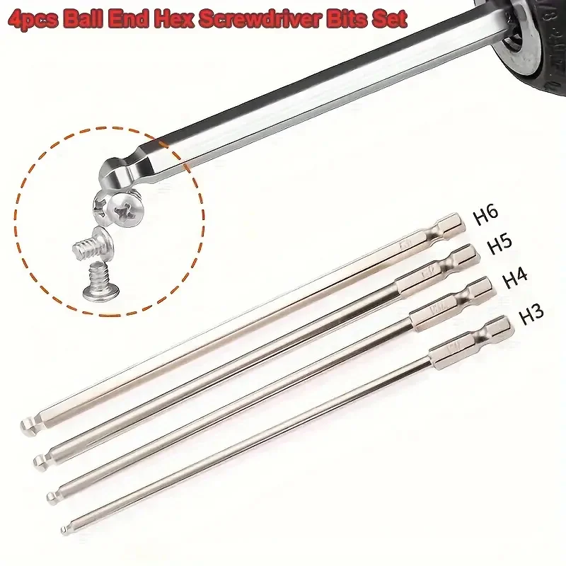 

4pcs/Set Ball End Hex Screwdriver Bits S2 Steel Magnetic Metric Socket Tools 150mm H3-H6 Metal Manual Allen Key Bits Tool