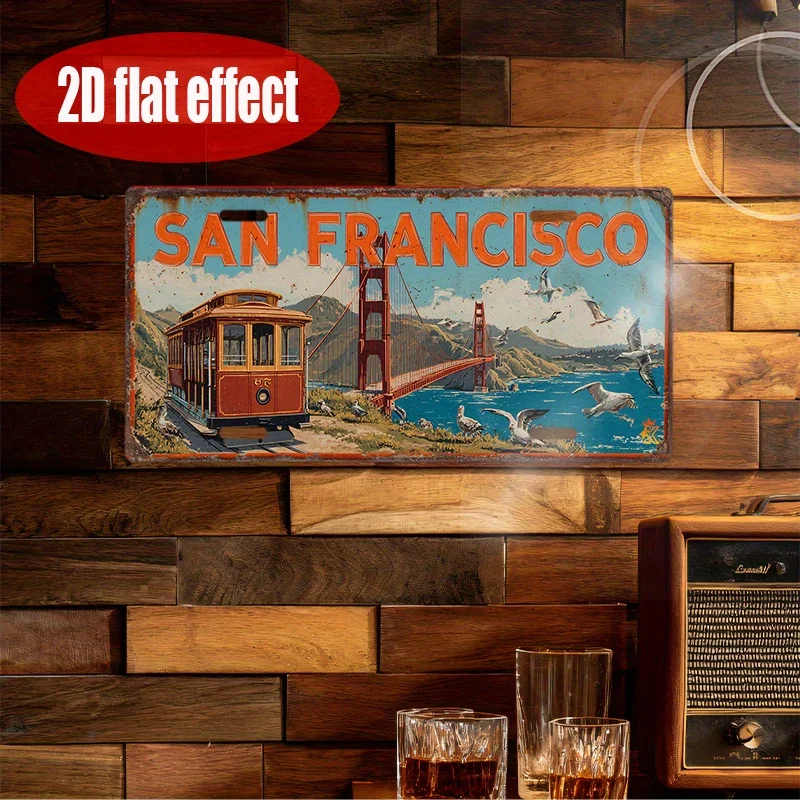 2D Flat  1pc,Vintage Metal Sing, only for decoration, Car License Plate Cover,San Francisco Cable Car and Bridge Sign,