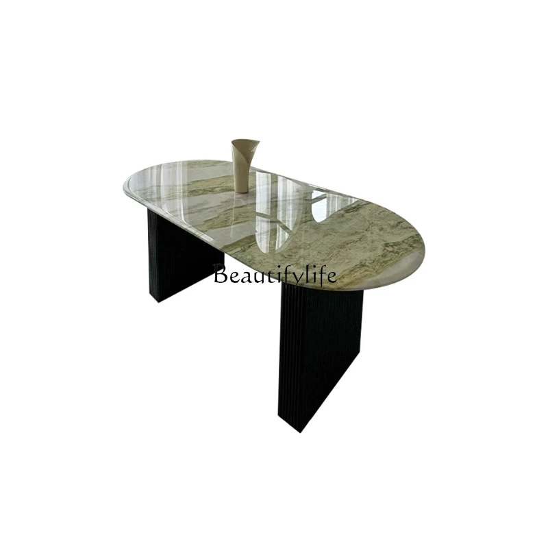 

Natural marble luxury stone dining table oval French cream style ancient restaurant household dining table
