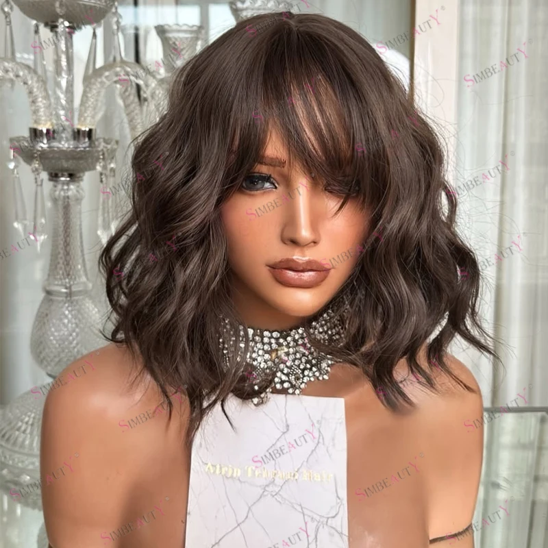

Short Bob Fringe Wavy Dark Cool Brown 100% Virgin Human Hair 360 lace Frontal Wigs for Black Women Glueless 5x5 HD Lace Wigs