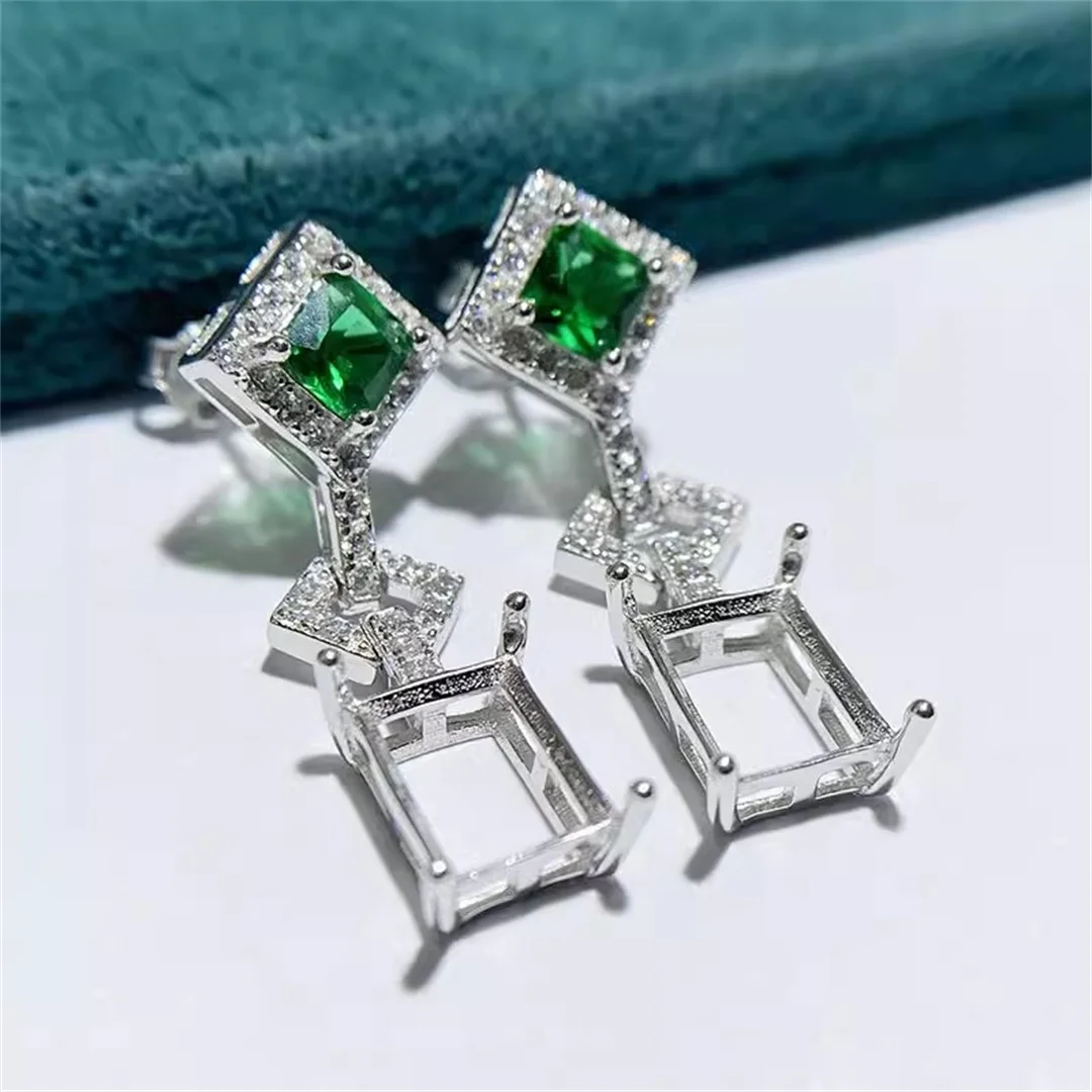 MeiBaPJ Inlay 6*8mm Square Gemstone S925 Sterling Silver DIY Empty Earrings Holder for Women Fine Fashion Charm Wedding Jewelry