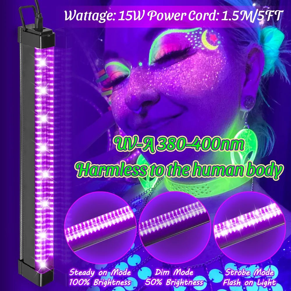 10W Black Light Tube with 3 Lighting Modes, USB LED Magnetic Black Light Tube for Holiday Party Fluorescent Tapestry UV Lighting