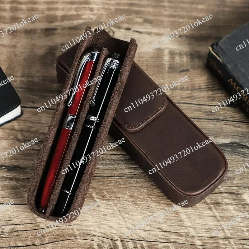 Handmade Leather 2 Slots Pen Case Magnetic Buckle With Removable Pen Tray Holder Pencil Case Box Office School Pouch