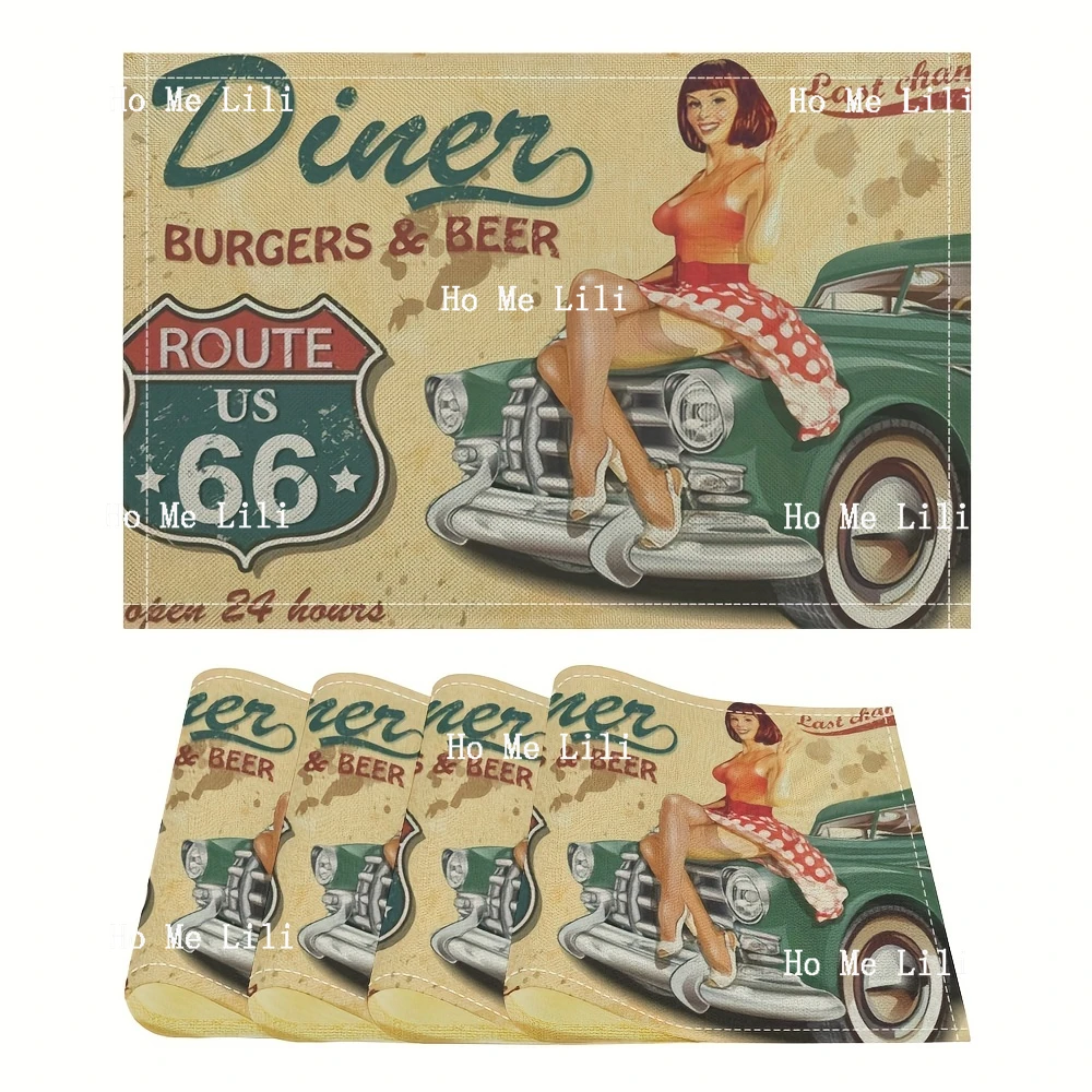 Route 66 Retro Diner Place Mats Classic Americana Design Durable Washable Perfect For Home Office Or Cafe Decor