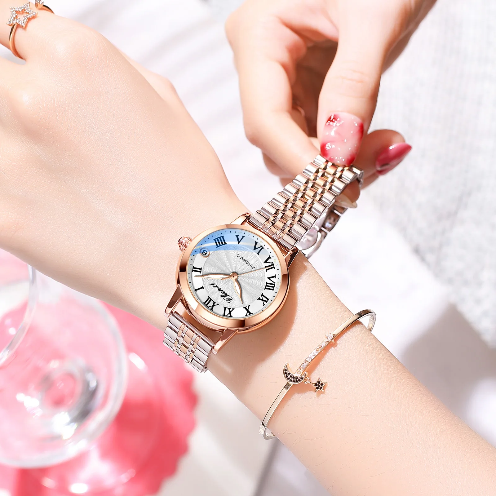 CHENXI 8838 Luxury Women Automatic Mechanical Watches WristWatches Ladies Rose Leather Steel Watch Waterproof Senhoras Assistir